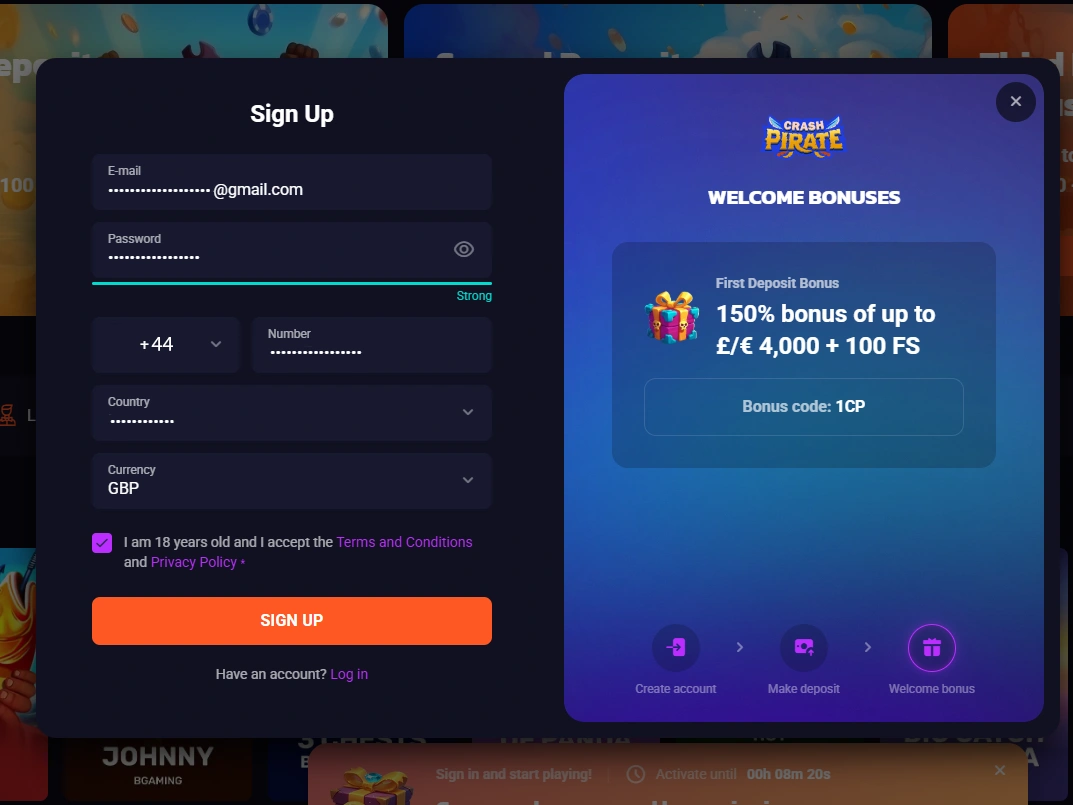 Sign up form showing GBP currency, +44 phone code and welcome bonus details