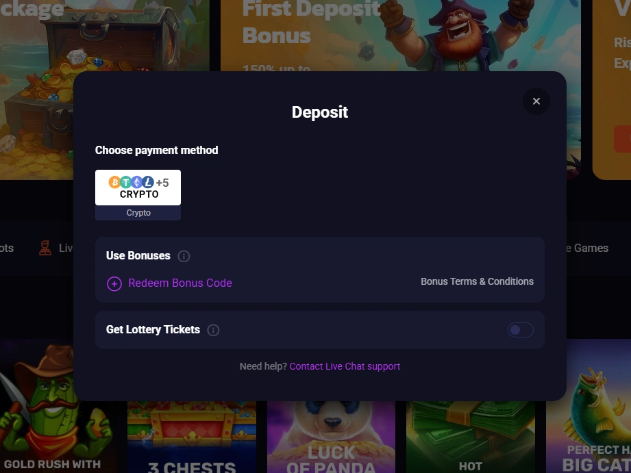 Deposit modal displaying crypto payment icons, bonus code field and live chat link